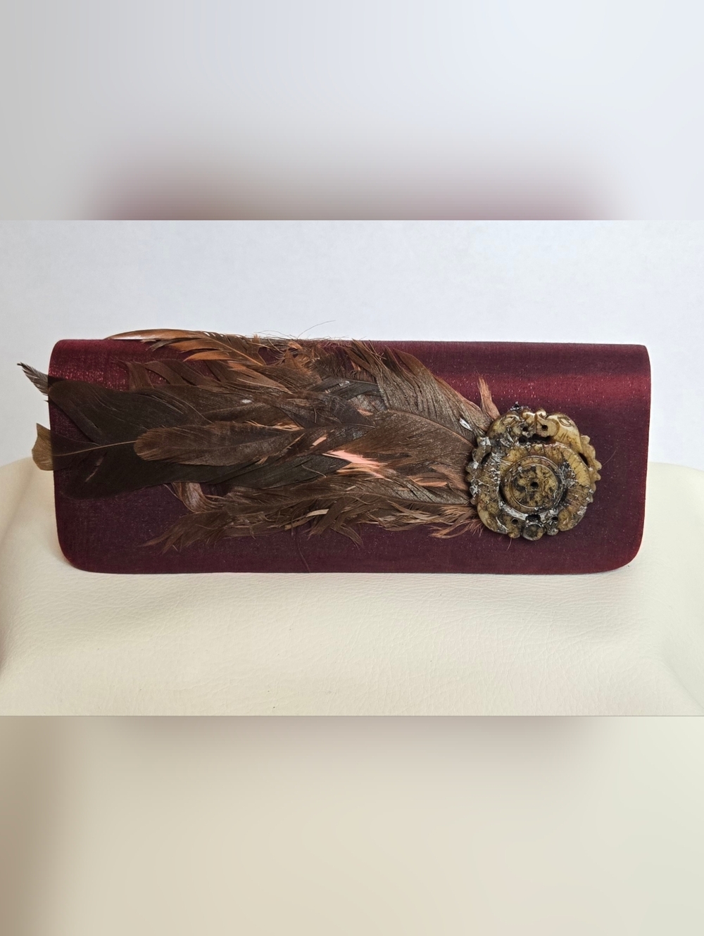 Feather-Embellished Burgundy Satin Evening Clutch